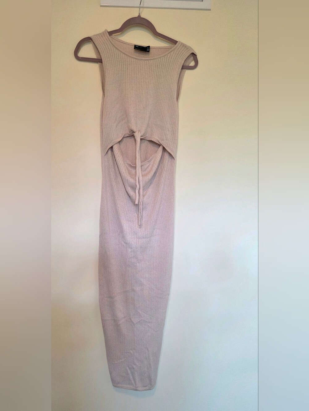 Asos Ribbed Tight Dress Sz 12 Large Tan Beige Open Front